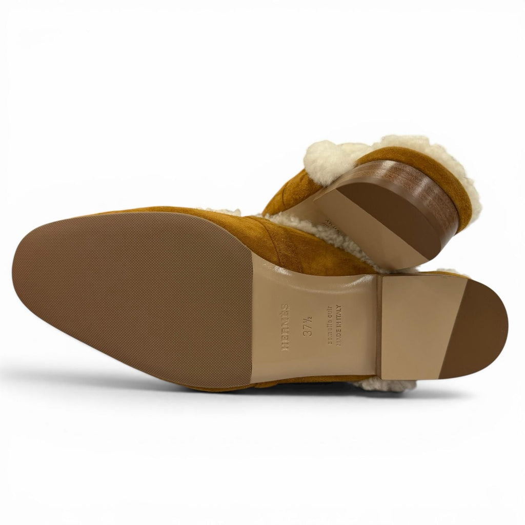 Hermes Oz Sheepskin Silver Kelly Buckle Shearling Mules Brown 37.5 Box — view 7