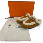 Hermes Oz Sheepskin Silver Kelly Buckle Shearling Mules Brown 37.5 Box — view 2