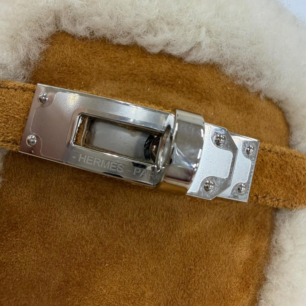 Hermes Oz Sheepskin Silver Kelly Buckle Shearling Mules Brown 37.5 Box — view 9