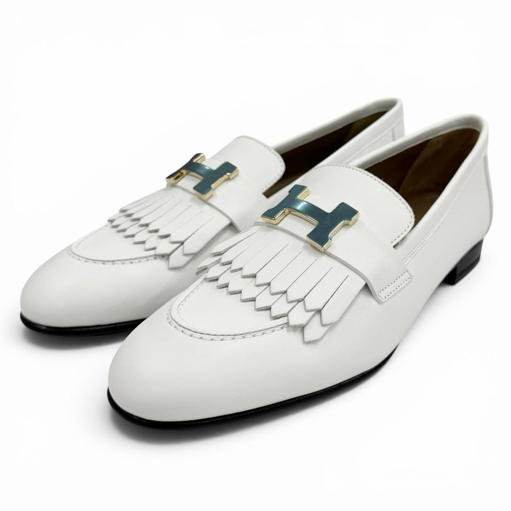 Hermes Moccasins Royale Gold with Logo Loafers White 37 Box