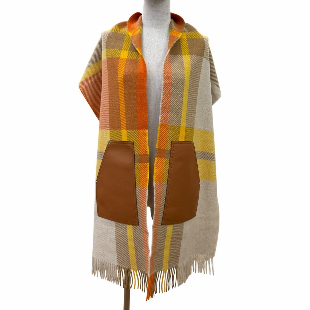Hermes Tartan Pocket Cuir Applique Cashmere Leather Series Scarf Orange — view 3