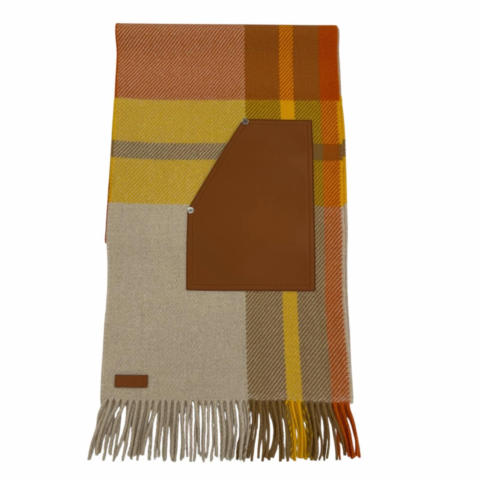 Hermes Tartan Pocket Cuir Applique Cashmere Leather Series Scarf Orange