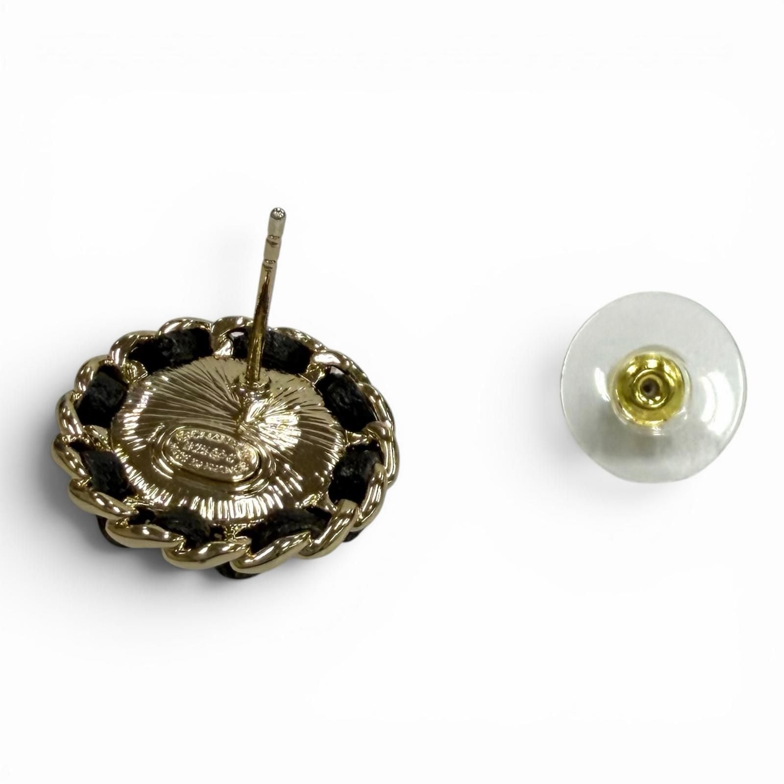 Chanel 25 CC Logo Crystal Leather Trim Pearl Earrings White Black Gold Box — view 5