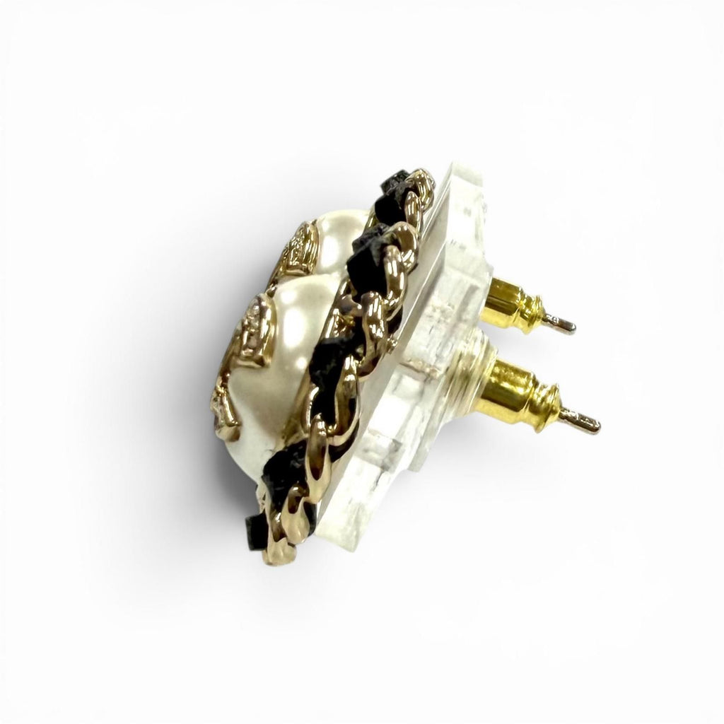 Chanel 25 CC Logo Crystal Leather Trim Pearl Earrings White Black Gold Box — view 3