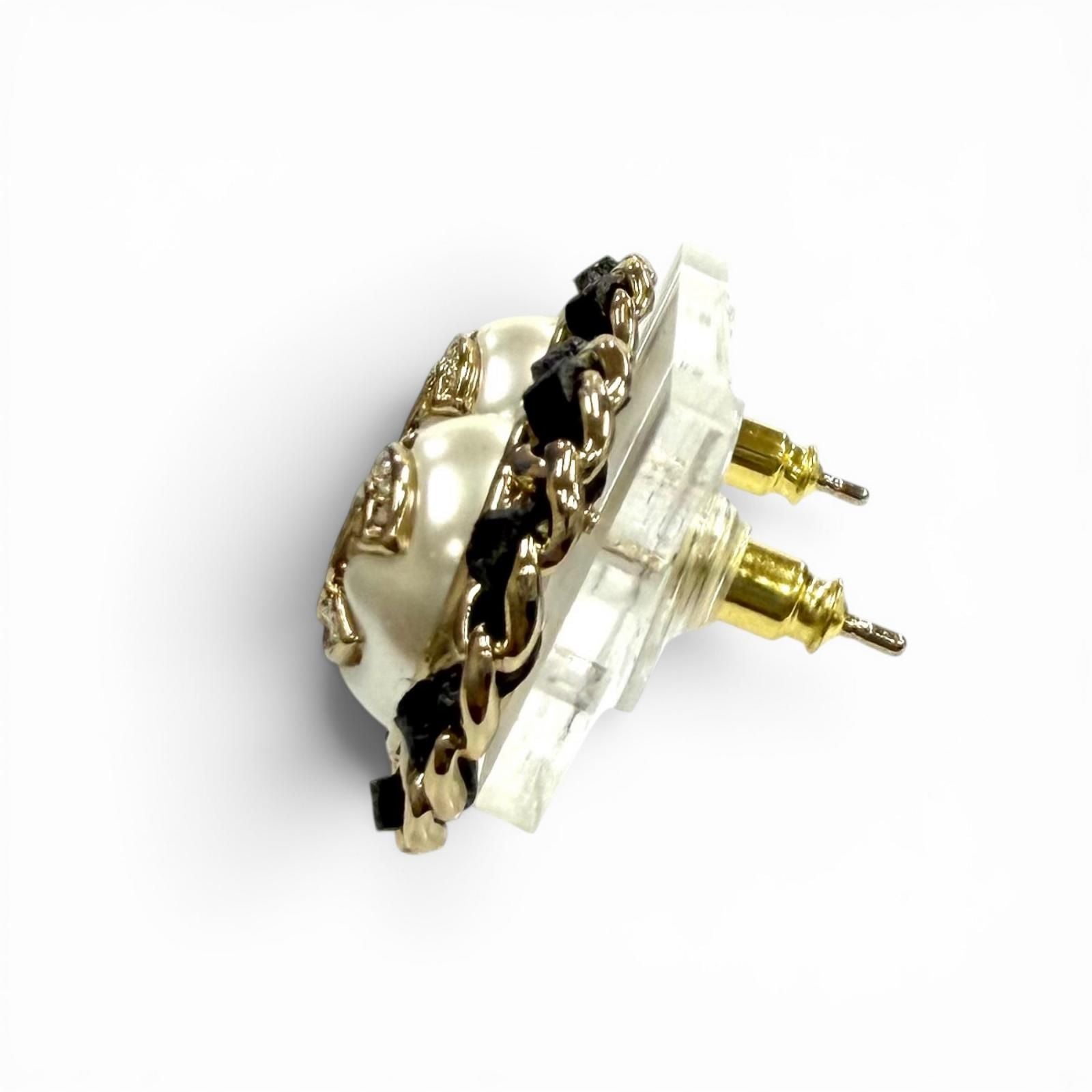 Chanel 25 CC Logo Crystal Leather Trim Pearl Earrings White Black Gold Box — view 3