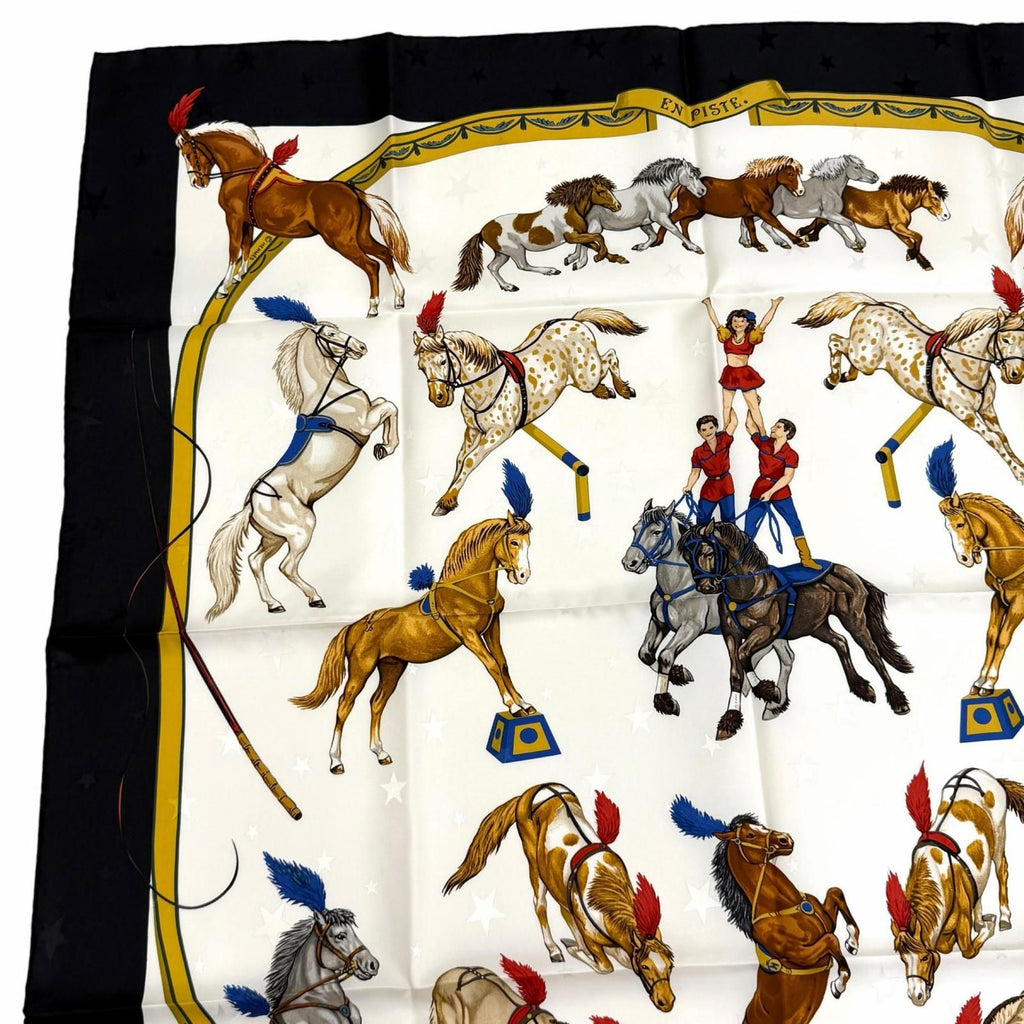 Hermes Carre 90 en Piste on Stage Silk 100% Scarf White Black — view 3