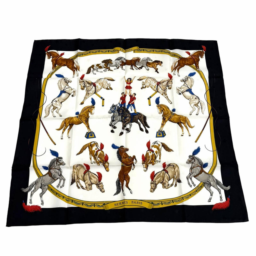 Hermes Carre 90 en Piste on Stage Silk 100% Scarf White Black