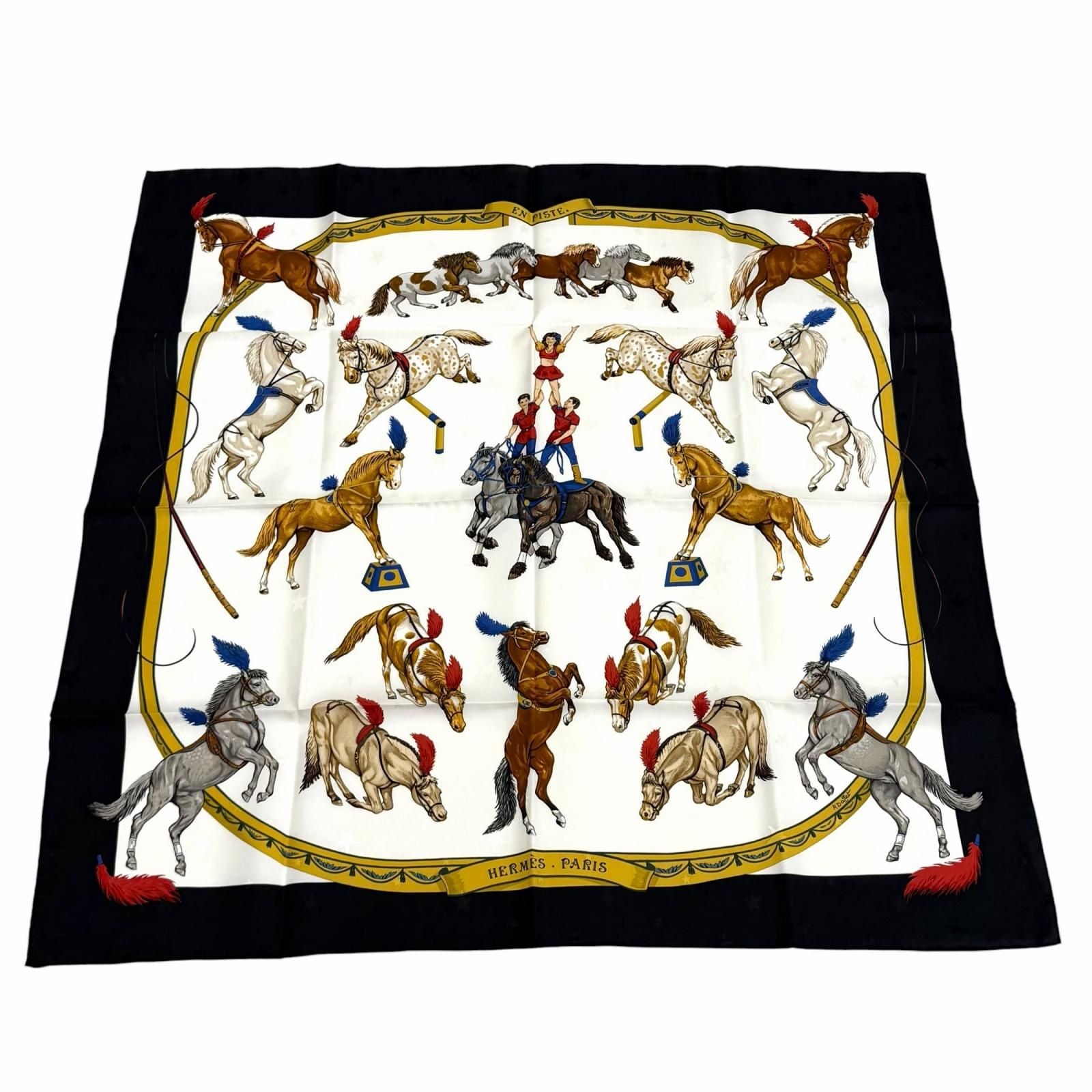Hermes Carre 90 en Piste on Stage Silk 100% Scarf White Black