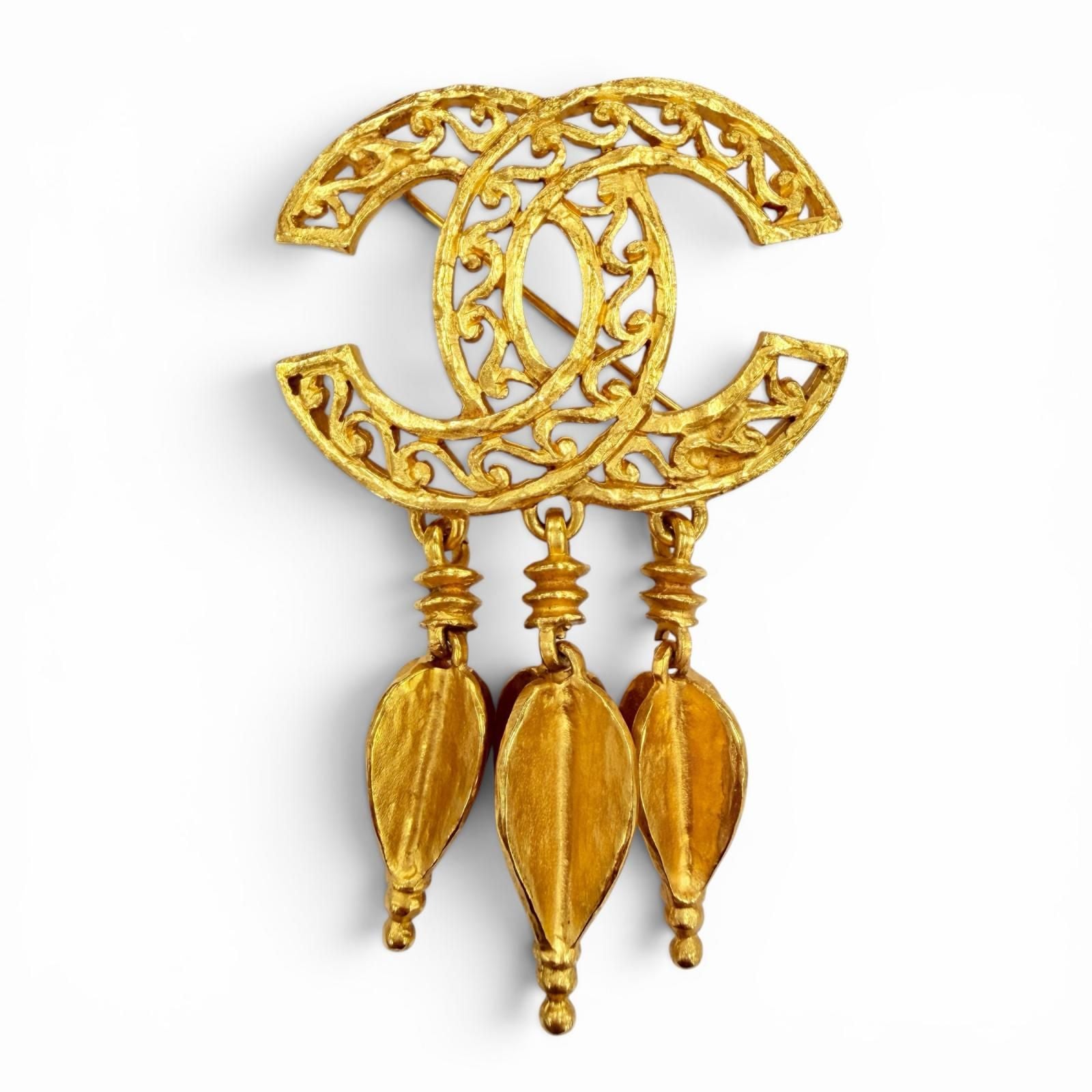 Chanel Vintage CC Logo Brooch with Fringe Gold