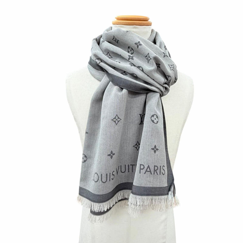 Louis Vuitton All About Monogram Cotton 100% Fringe Shawl Gray Scarf — view 4