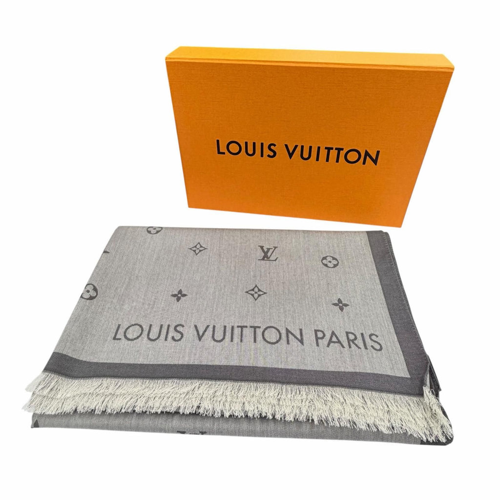 Louis Vuitton All About Monogram Cotton 100% Fringe Shawl Gray Scarf — view 2