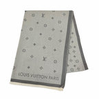 Louis Vuitton All About Monogram Cotton 100% Fringe Shawl Gray Scarf