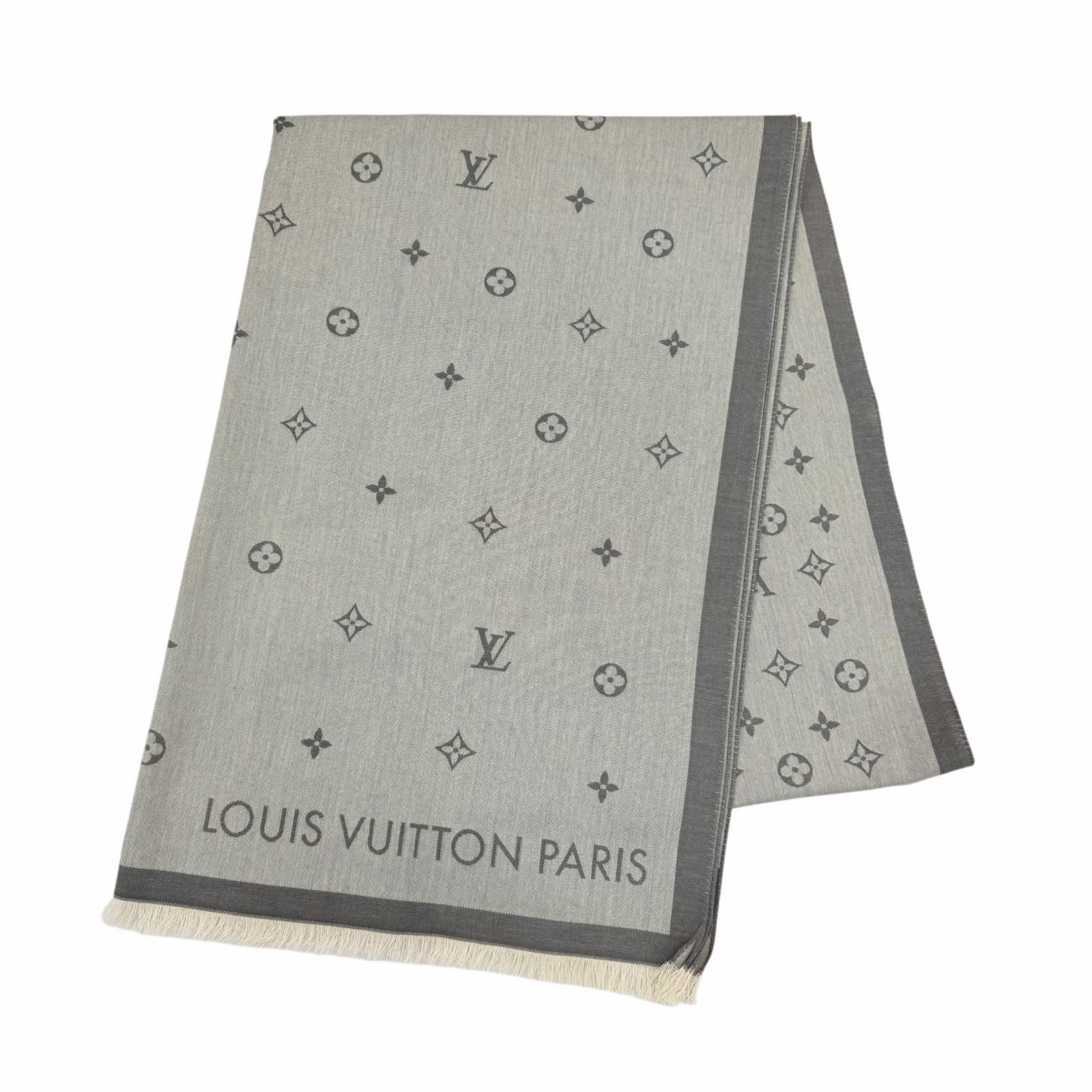 Louis Vuitton All About Monogram Cotton 100% Fringe Shawl Gray Scarf