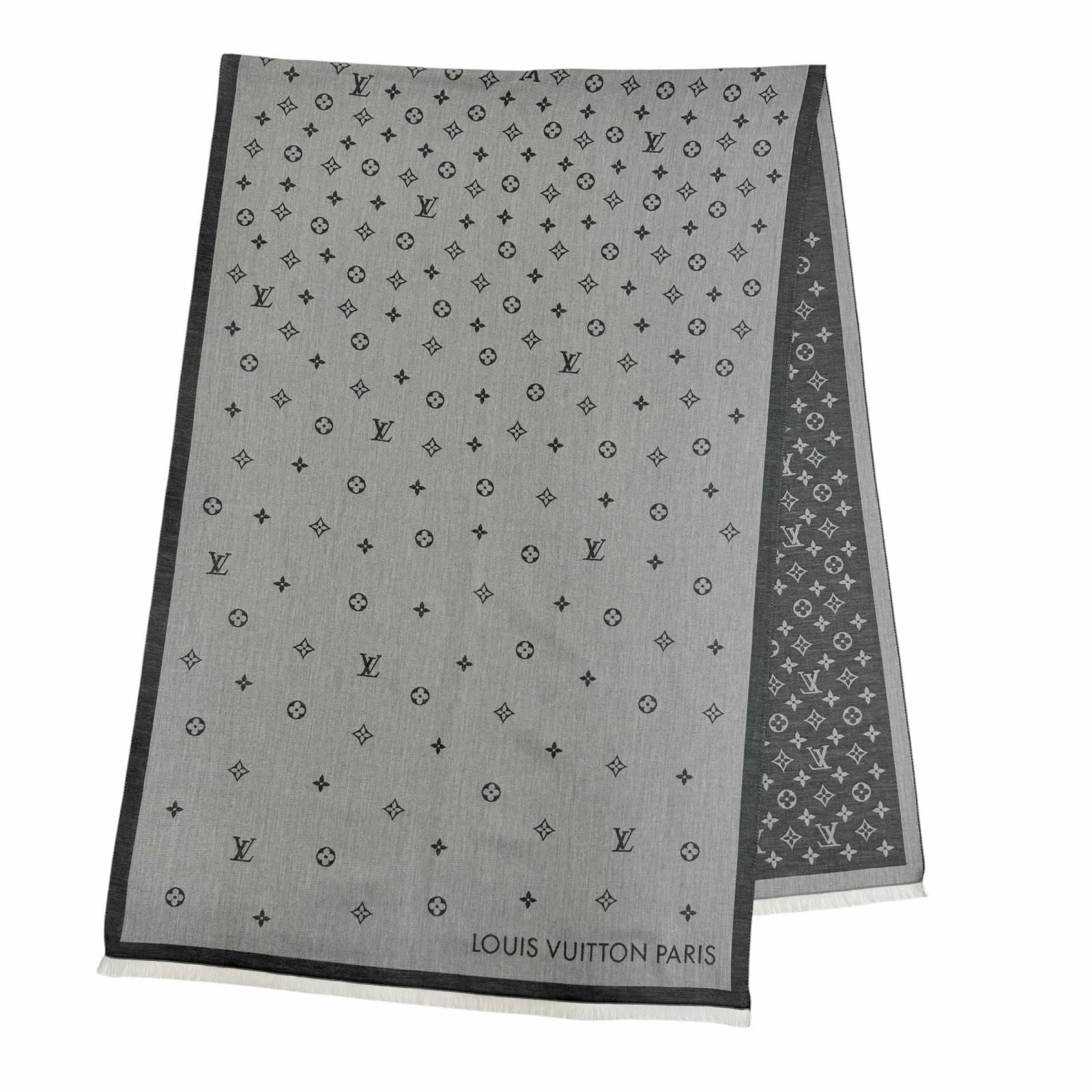 Louis Vuitton All About Monogram Cotton 100% Fringe Shawl Gray Scarf — view 3