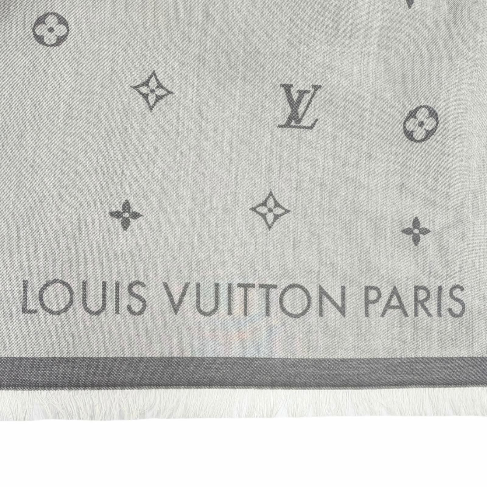 Louis Vuitton All About Monogram Cotton 100% Fringe Shawl Gray Scarf — view 7