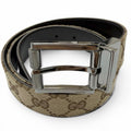 Gucci Leather GG Canvas Silver Square Hapi Buckle Reversible Belt Beige Black