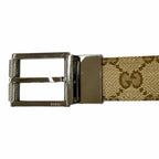 Gucci Leather GG Canvas Silver Square Hapi Buckle Reversible Belt Beige Black — view 4