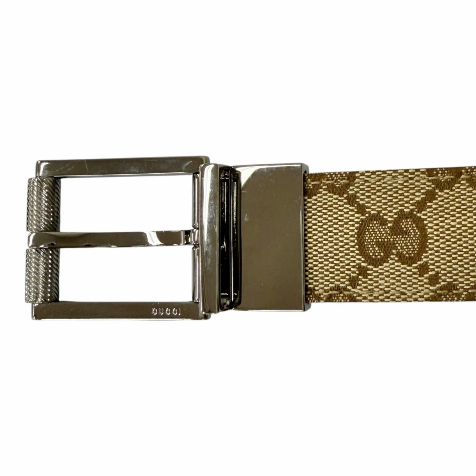Gucci Leather GG Canvas Silver Square Hapi Buckle Reversible Belt Beige Black — view 4