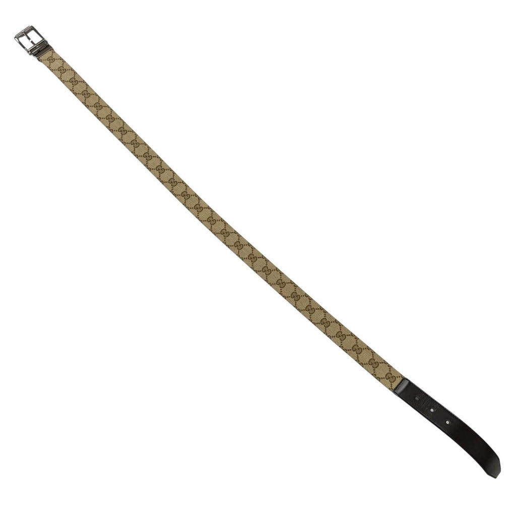 Gucci Leather GG Canvas Silver Square Hapi Buckle Reversible Belt Beige Black — view 3