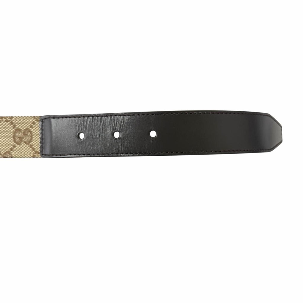 Gucci Leather GG Canvas Silver Square Hapi Buckle Reversible Belt Beige Black — view 6