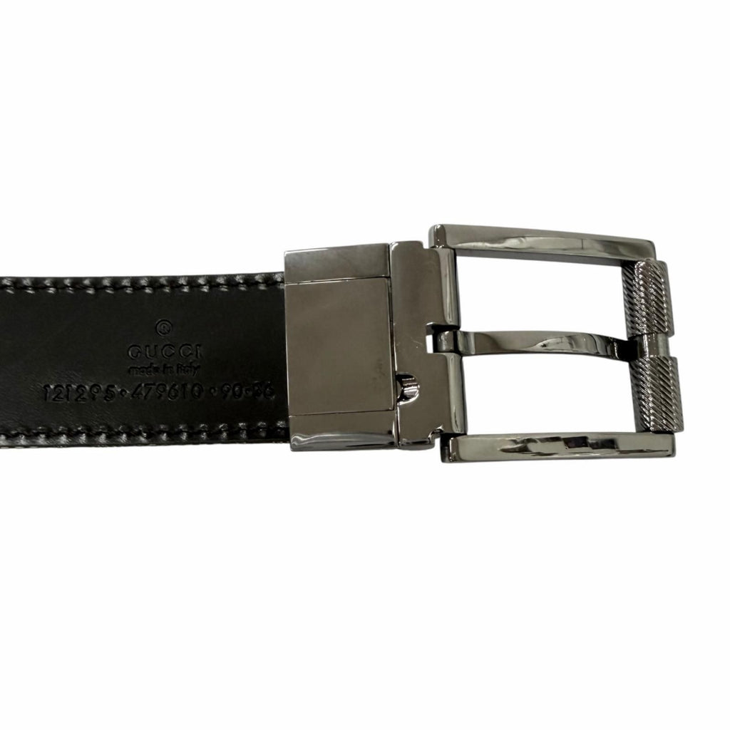 Gucci Leather GG Canvas Silver Square Hapi Buckle Reversible Belt Beige Black — view 5