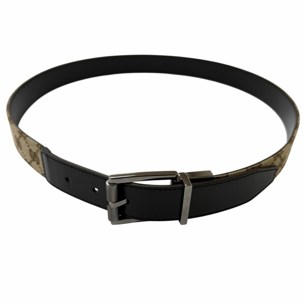 Gucci Leather GG Canvas Silver Square Hapi Buckle Reversible Belt Beige Black — view 2