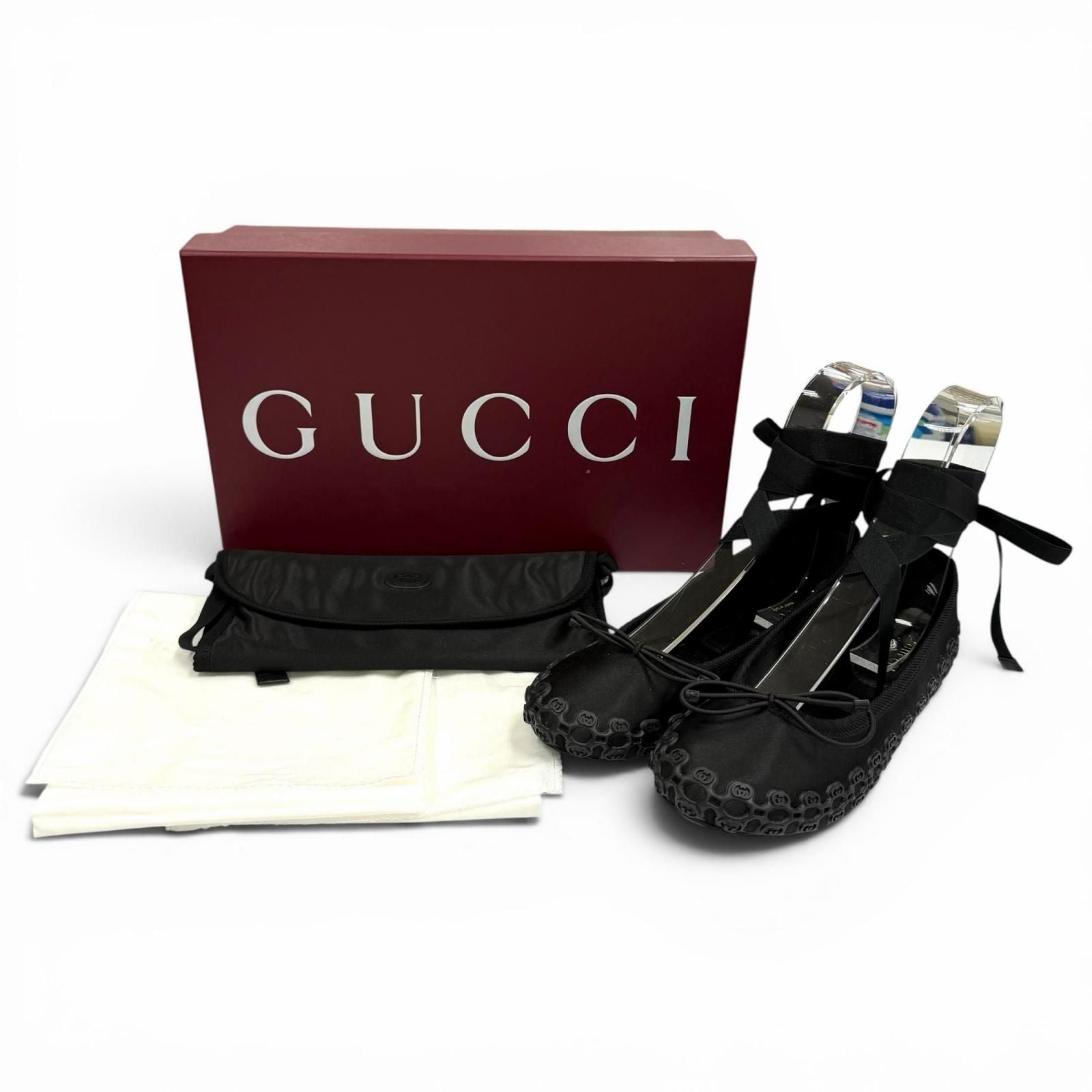 Gucci Satin Interlocking Ribbon Lace Up Ballet Shoes Black 36 Box — view 2