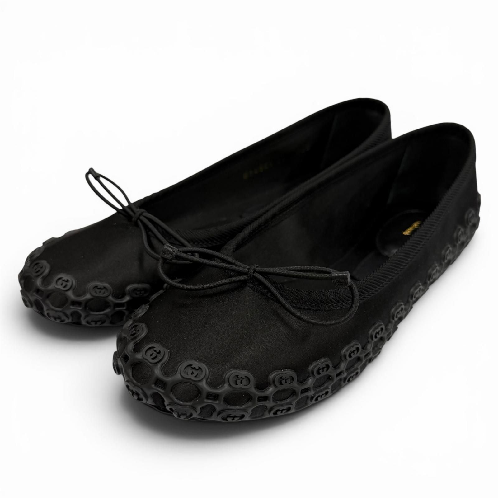 Gucci Satin Interlocking Ribbon Lace Up Ballet Shoes Black 36 Box — view 3