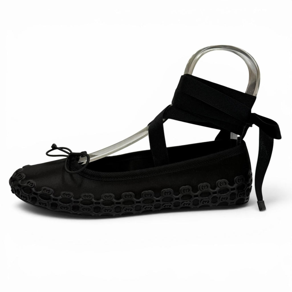 Gucci Satin Interlocking Ribbon Lace Up Ballet Shoes Black 36 Box — view 6