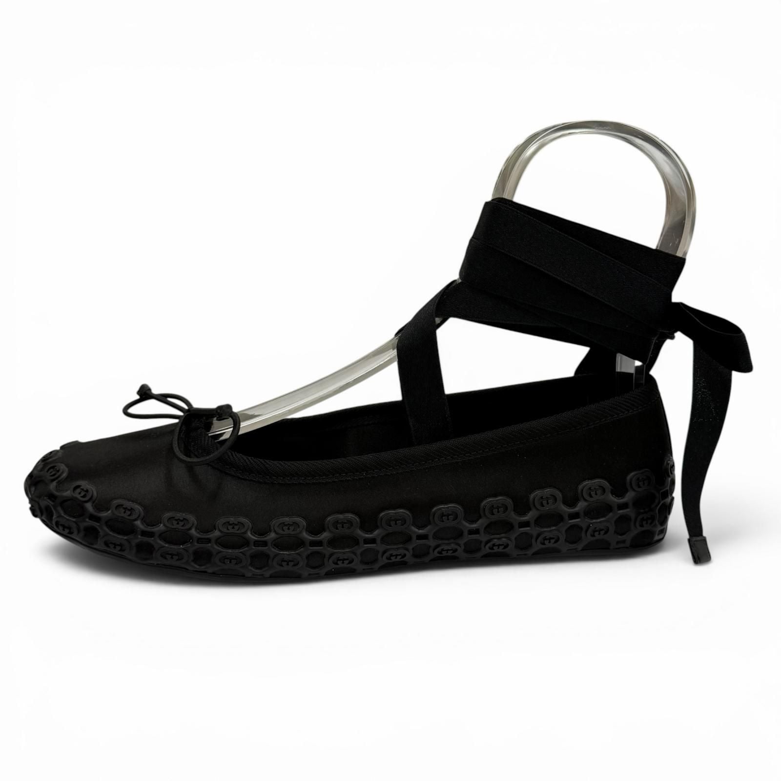 Gucci Satin Interlocking Ribbon Lace Up Ballet Shoes Black 36 Box — view 6