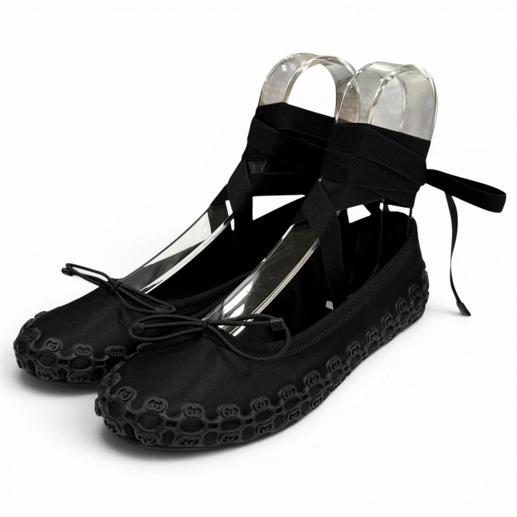 Gucci Satin Interlocking Ribbon Lace Up Ballet Shoes Black 36 Box