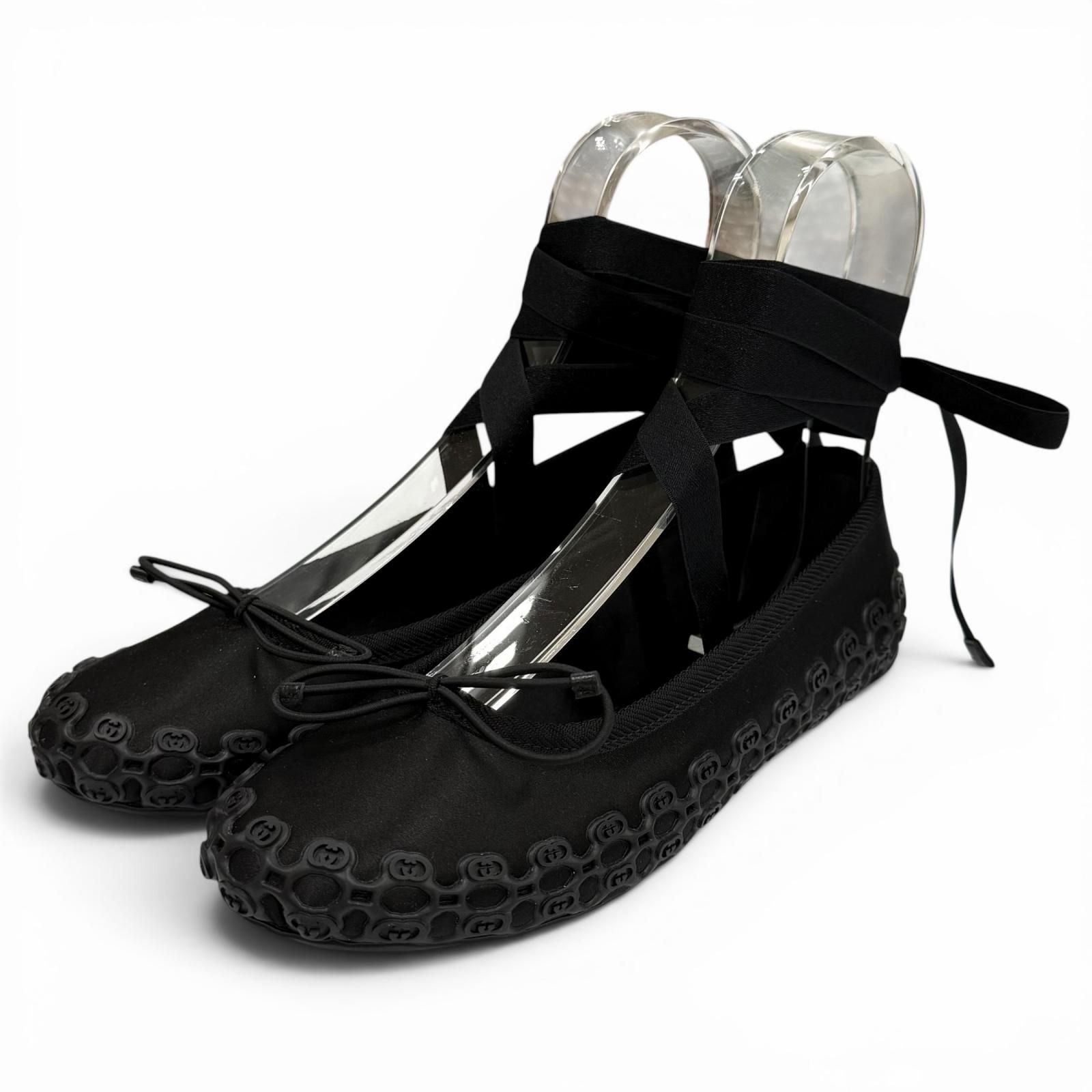Gucci Satin Interlocking Ribbon Lace Up Ballet Shoes Black 36 Box