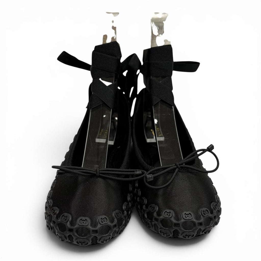 Gucci Satin Interlocking Ribbon Lace Up Ballet Shoes Black 36 Box — view 5