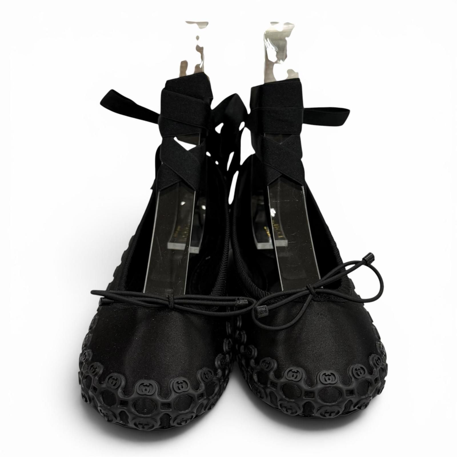 Gucci Satin Interlocking Ribbon Lace Up Ballet Shoes Black 36 Box — view 5