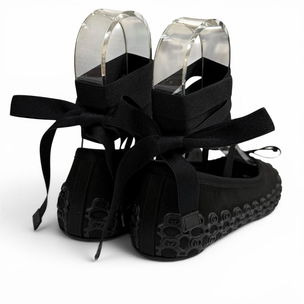 Gucci Satin Interlocking Ribbon Lace Up Ballet Shoes Black 36 Box — view 4