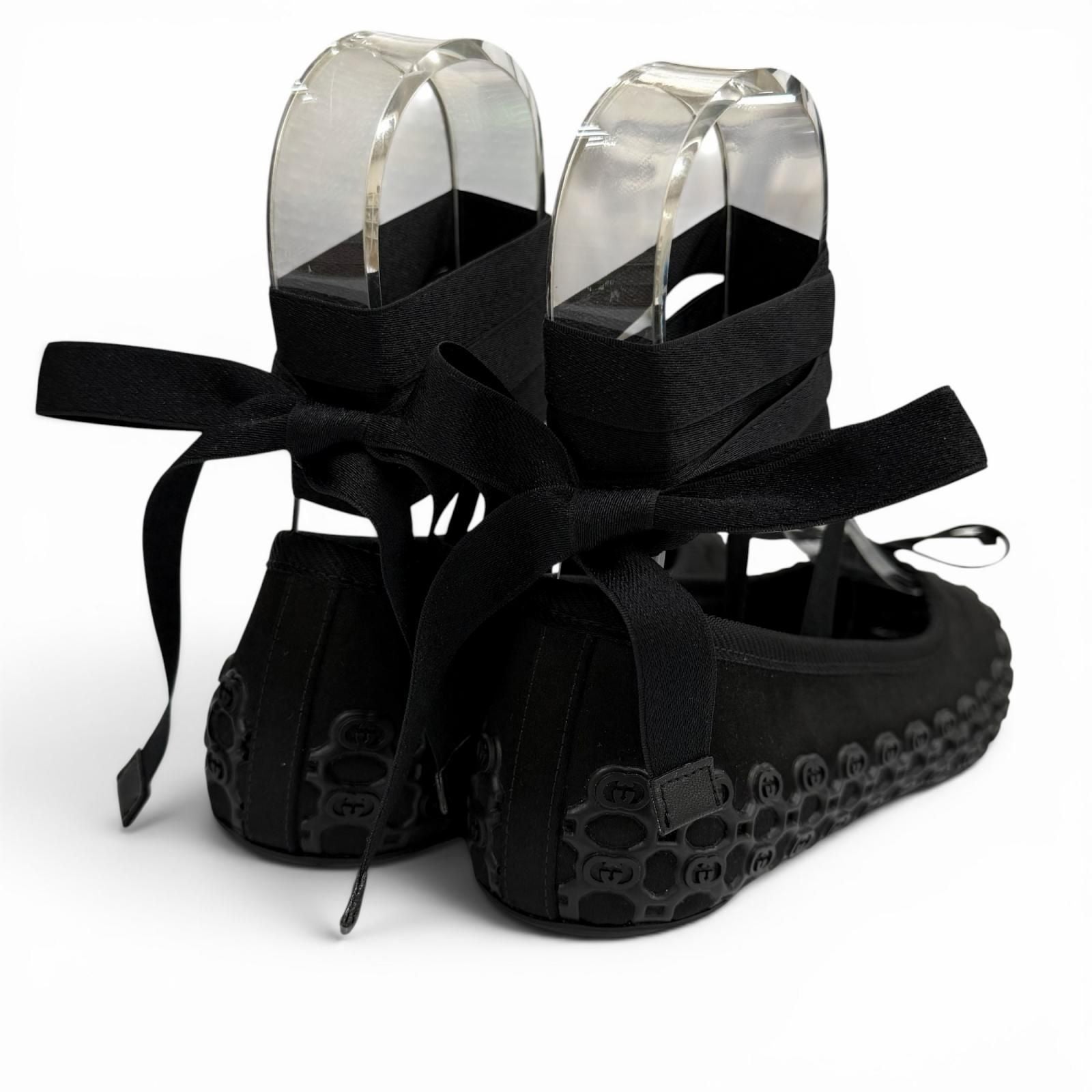 Gucci Satin Interlocking Ribbon Lace Up Ballet Shoes Black 36 Box — view 4