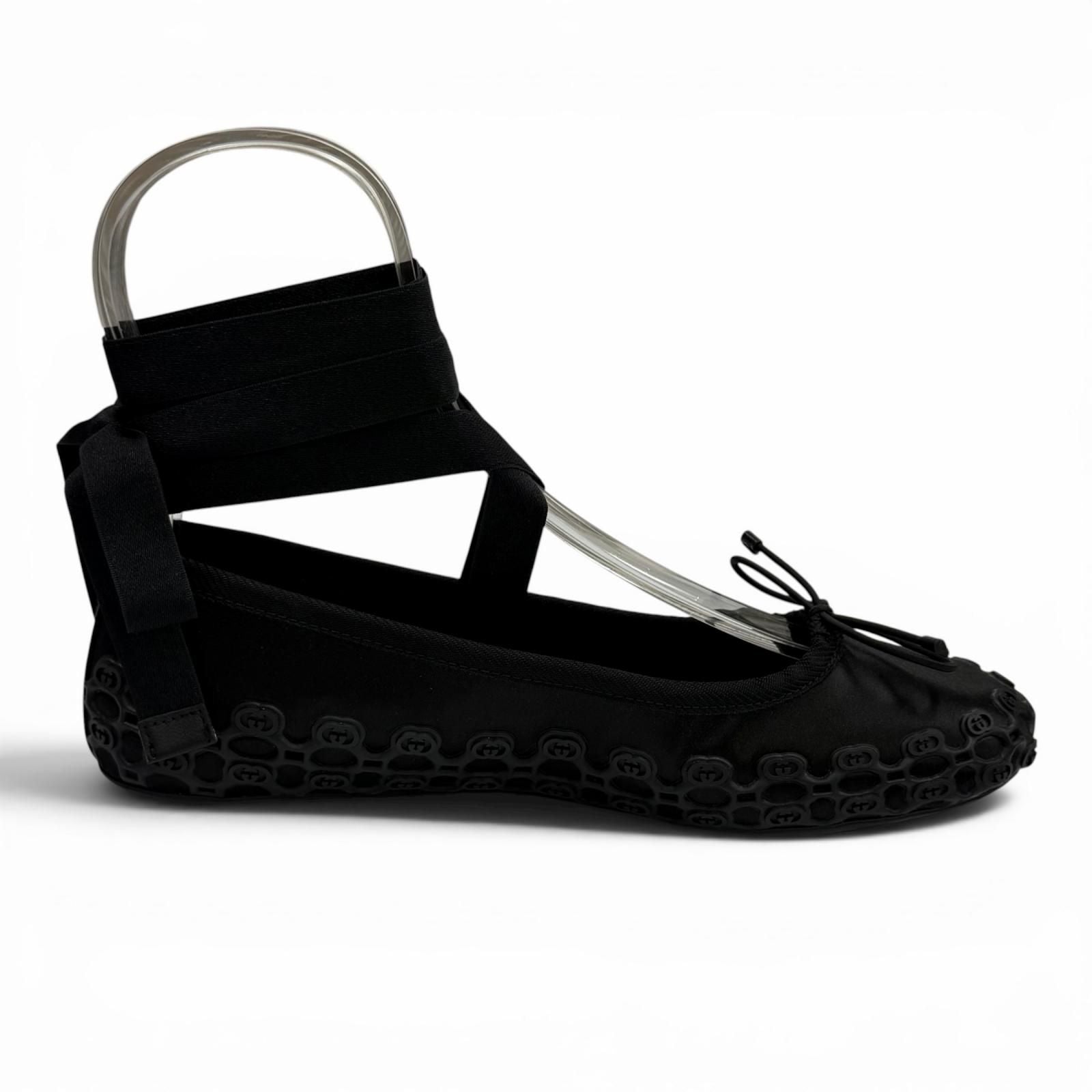 Gucci Satin Interlocking Ribbon Lace Up Ballet Shoes Black 36 Box — view 7