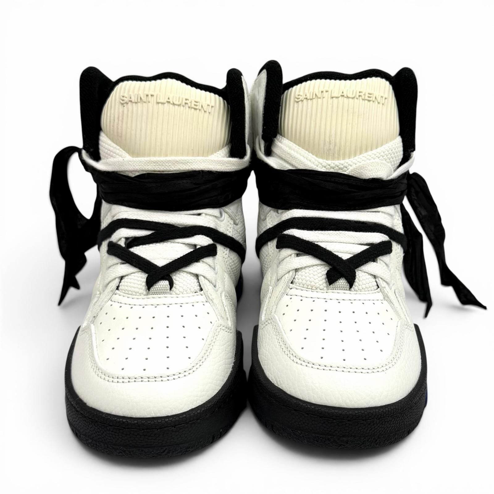 Saint Laurent Smith Logo Embroidered Lace Up Leather High Cut Sneakers White — view 4