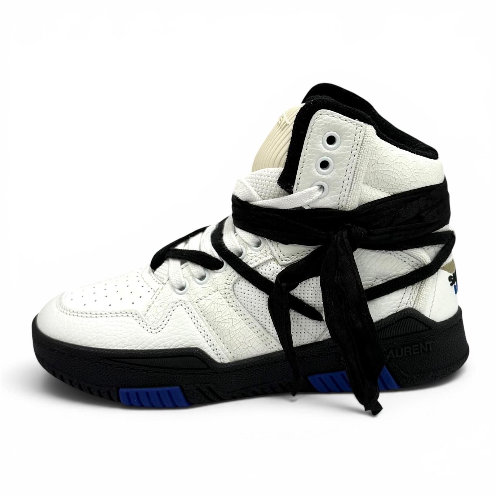 Saint Laurent Smith Logo Embroidered Lace Up Leather High Cut Sneakers White — view 5