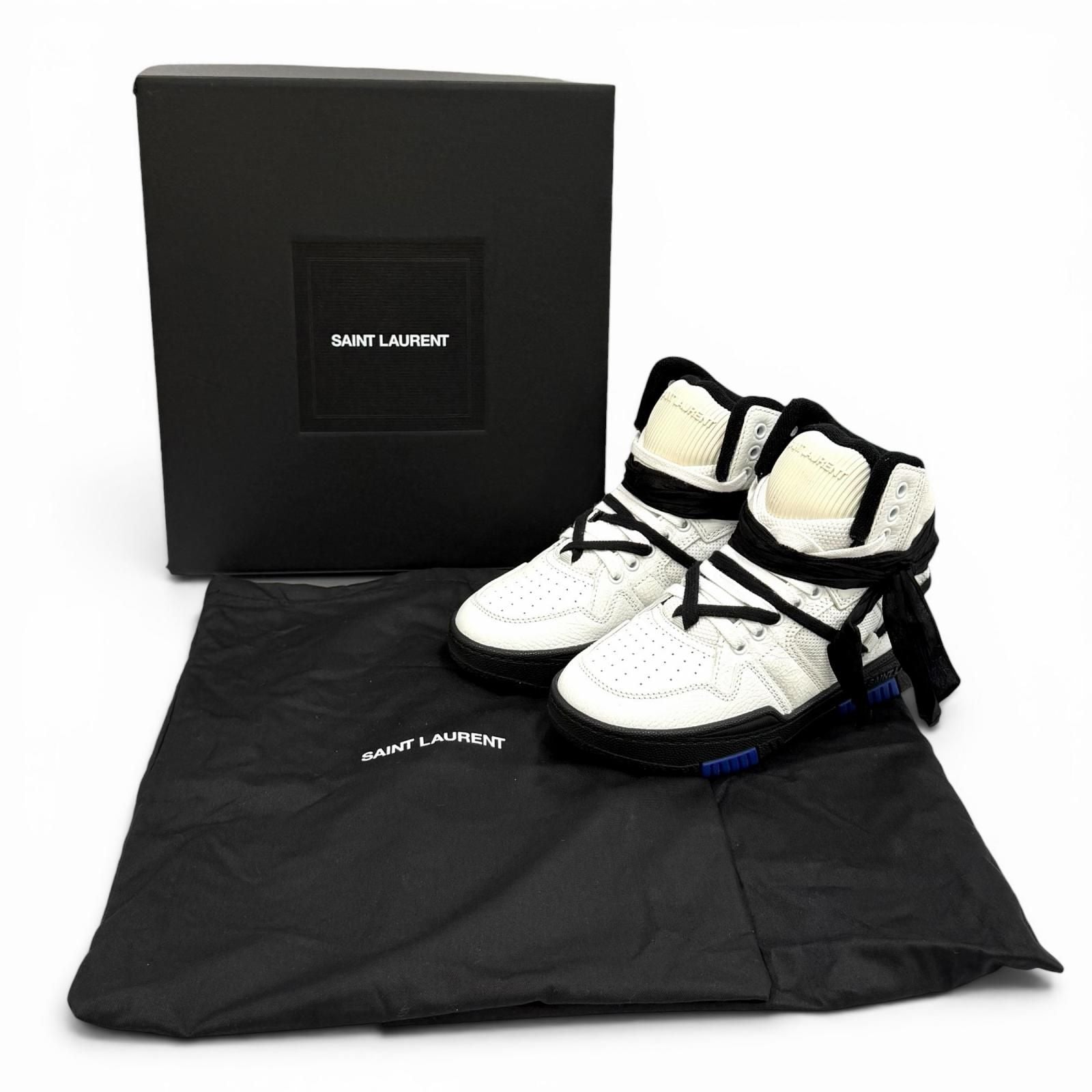 Saint Laurent Smith Logo Embroidered Lace Up Leather High Cut Sneakers White — view 2