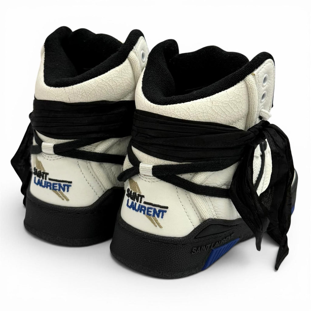 Saint Laurent Smith Logo Embroidered Lace Up Leather High Cut Sneakers White — view 3
