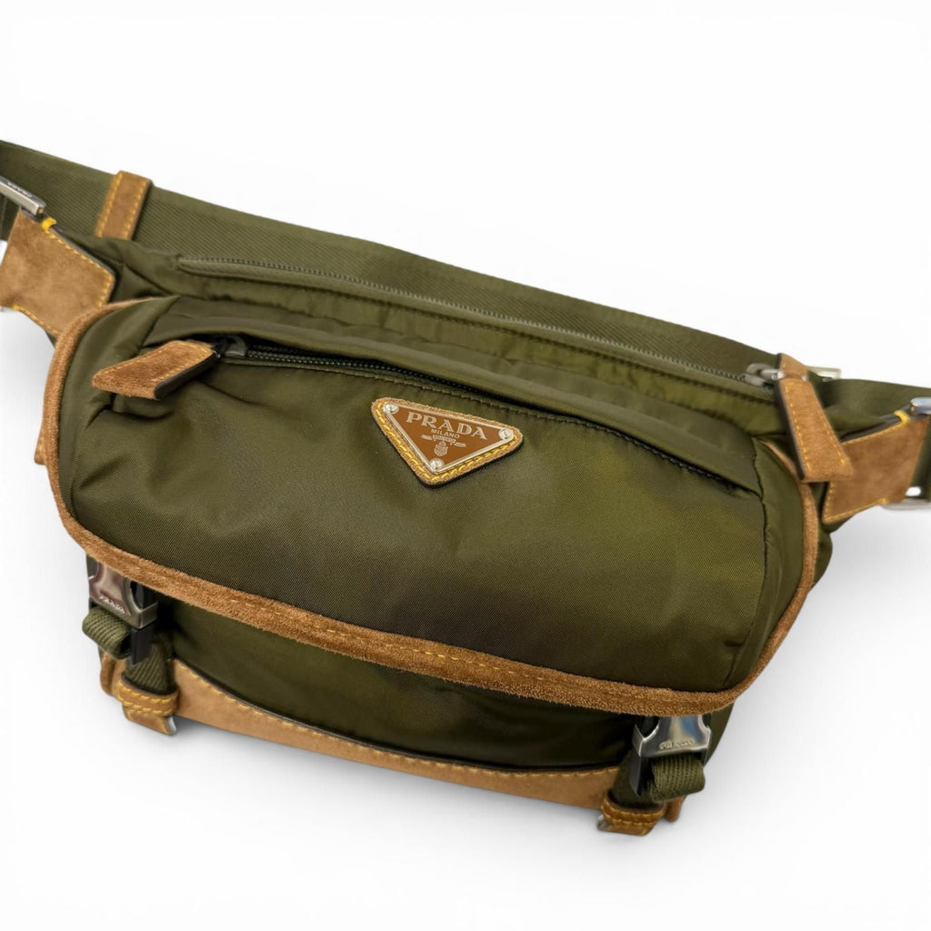 Prada Re-Nylon Suede Leather Triangle Logo Belt Bag Khaki Brown