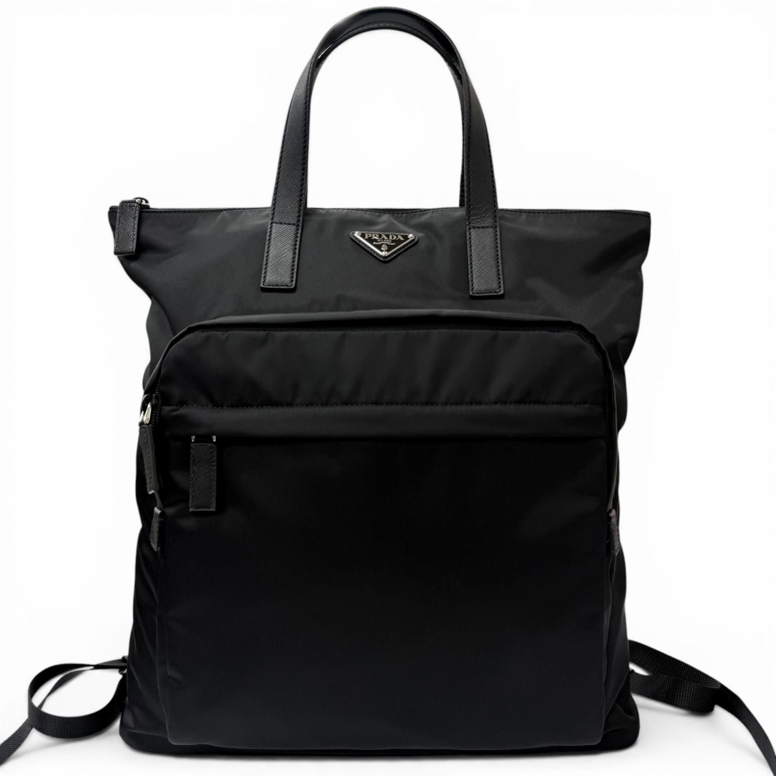 Prada Triangle Logo Saffiano Leather Re-Nylon 2-Way Backpack Tote Black