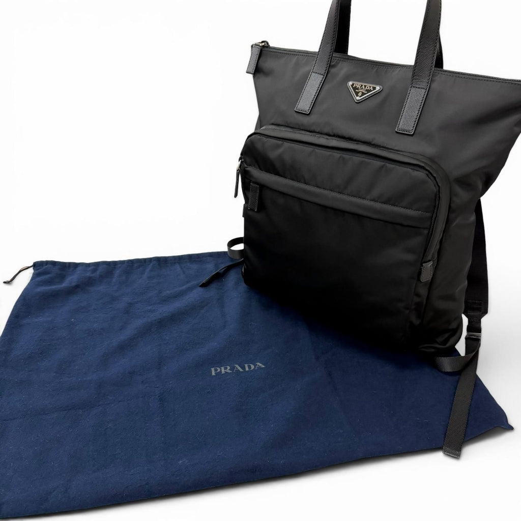 Prada Triangle Logo Saffiano Leather Re-Nylon 2-Way Backpack Tote Black — view 2