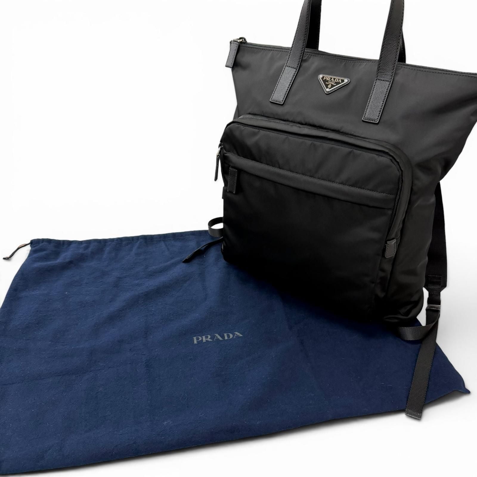 Prada Triangle Logo Saffiano Leather Re-Nylon 2-Way Backpack Tote Black — view 2