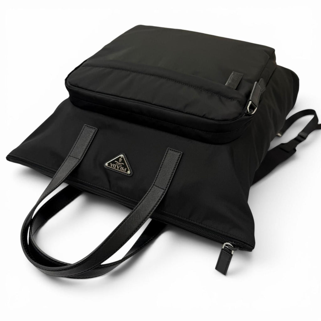 Prada Triangle Logo Saffiano Leather Re-Nylon 2-Way Backpack Tote Black — view 6