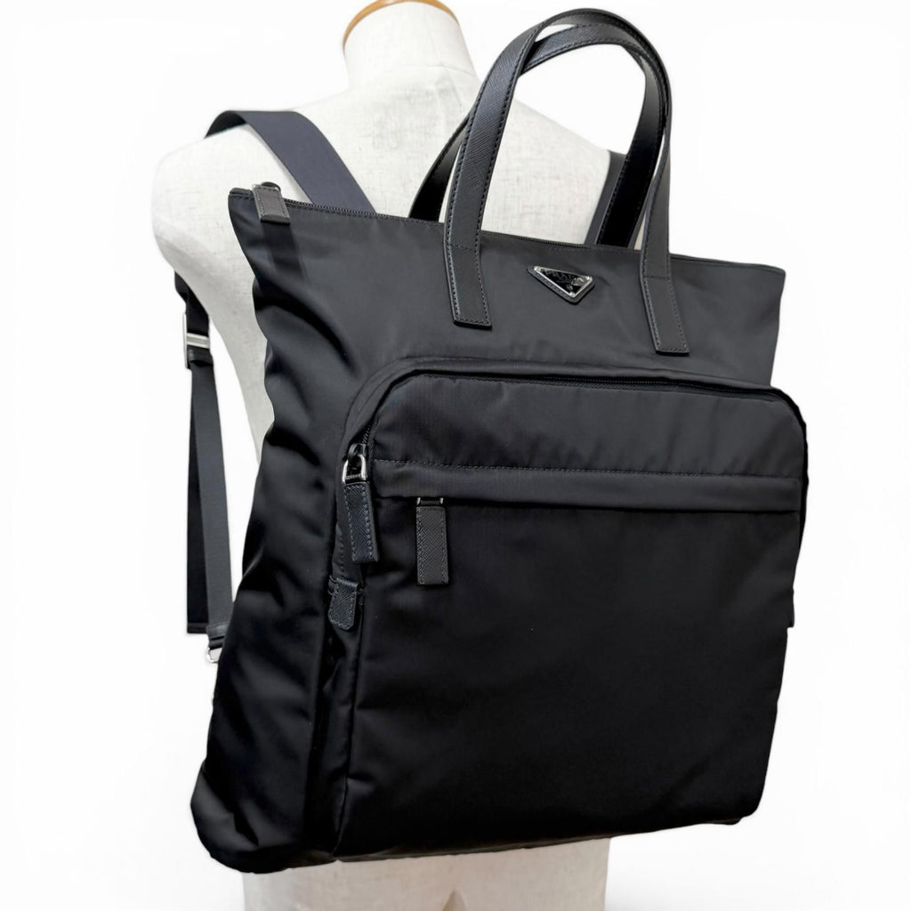 Prada Triangle Logo Saffiano Leather Re-Nylon 2-Way Backpack Tote Black — view 3