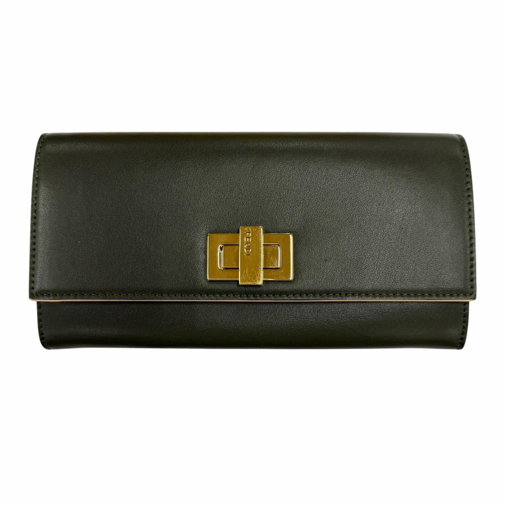 Fendi Peekaboo Leather Continental Wallet Dark Green Gold