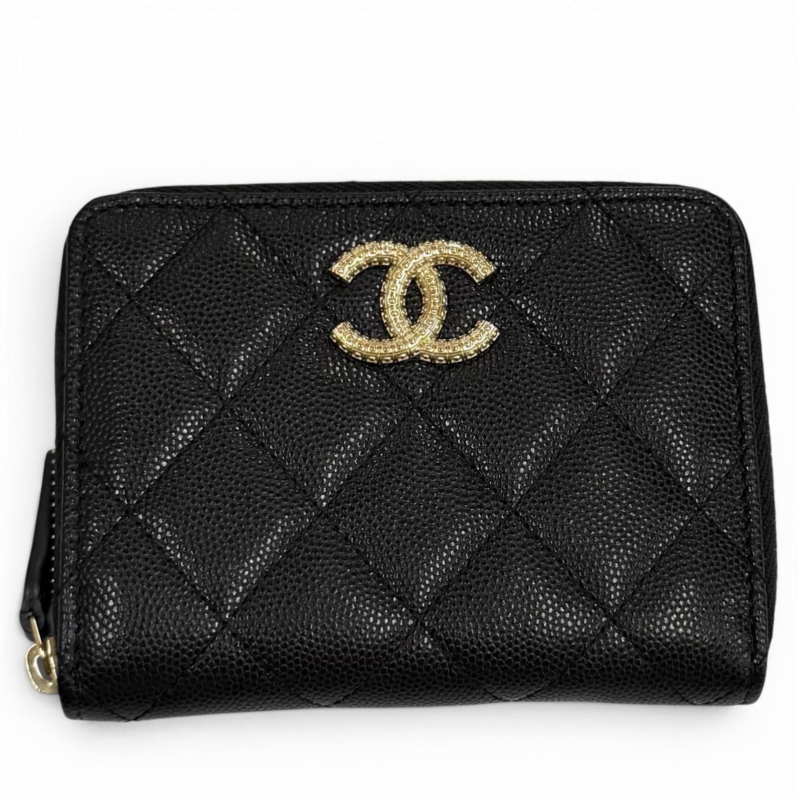 Chanel Quilted Caviar Leather Zip Small Wallet Rando Bifold Black