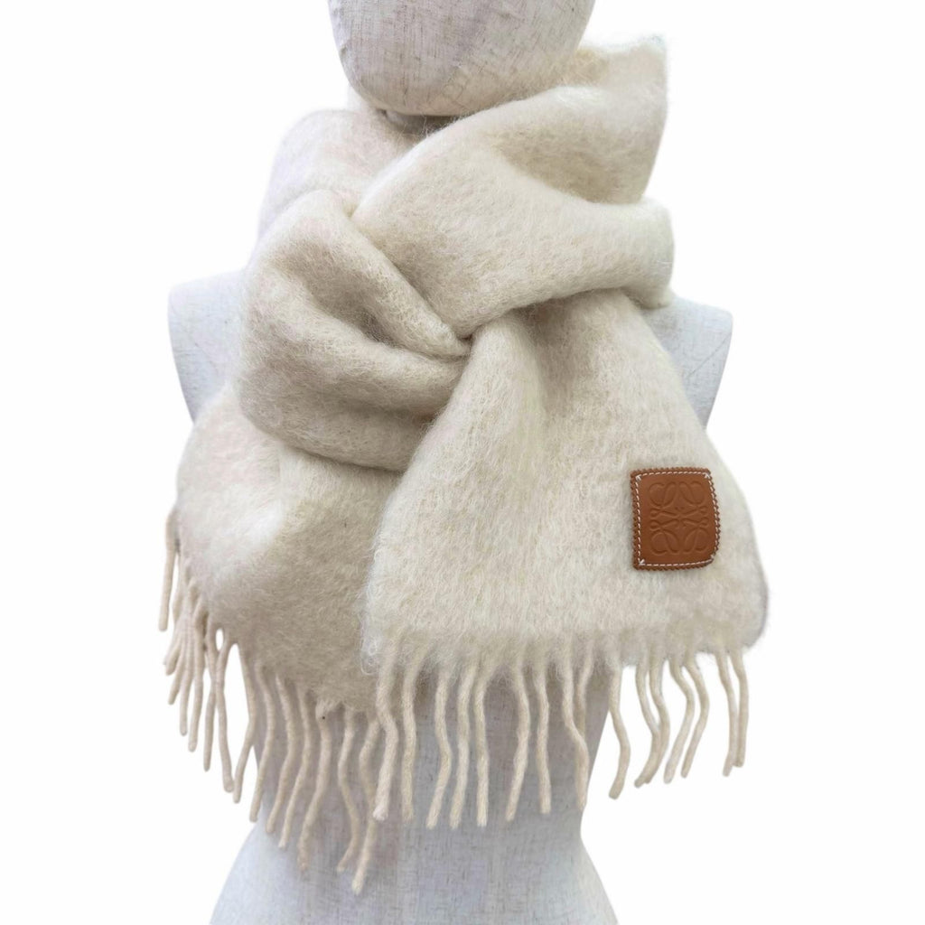 Loewe Mohair Wool Anag Lambskin Patch Fringe Scarf Ivory — view 3